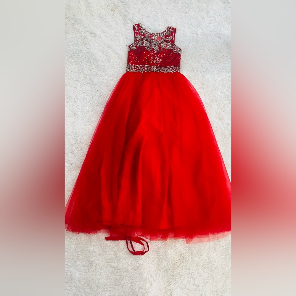 Elegant Red Gown with Embellished Bodice